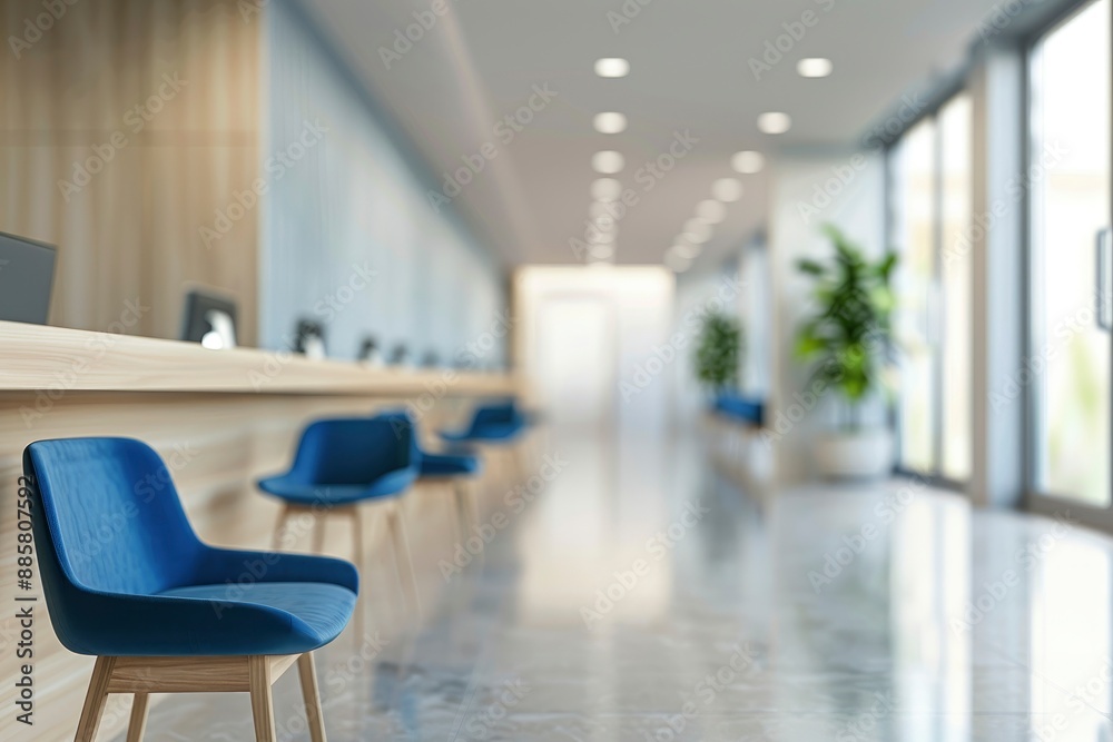 Blur background of reception area in a modern medical clinic with blue chairs and wooden counter. Modern lobby. Healthcare facility interior design concept. Design for poster - generative ai Blur background of reception area in a modern medical clinic with blue chairs and wooden counter. Modern lobby. Healthcare facility interior design concept. Design for poster - generative ai