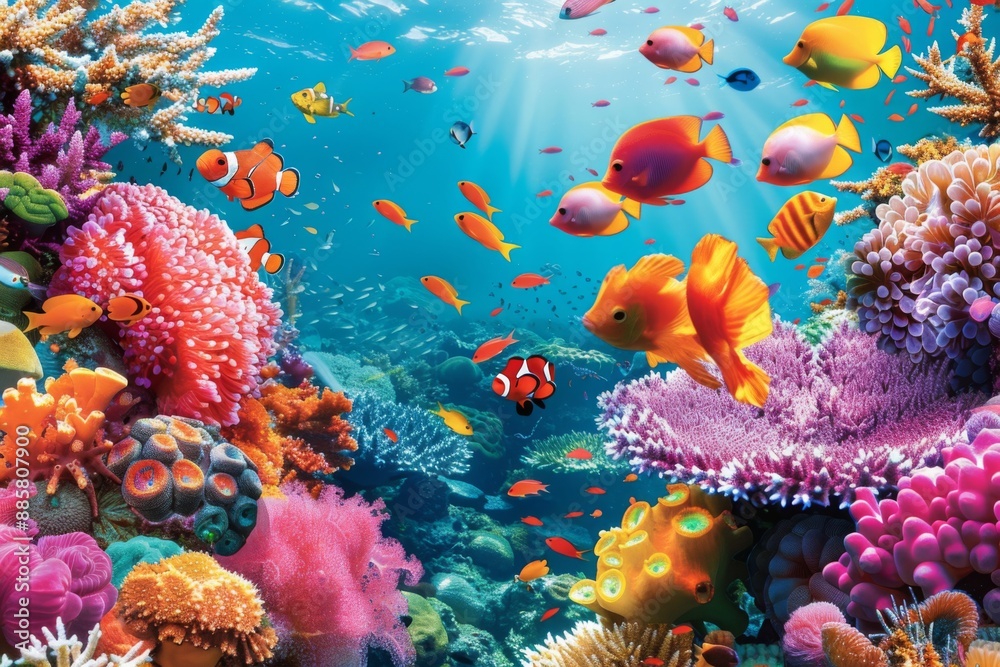 Naklejka premium Vibrant Underwater Paradise: Colorful Reef and Fish