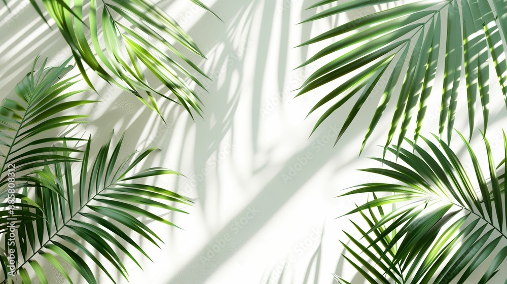 Abstract background with palm leaves. White wall with shadow for product display. Isolated green tropical plant. Palm tree and green leaf texture. Abstract background with palm leaves. White wall with shadow for product display. Isolated green tropical plant. Palm tree and green leaf texture.