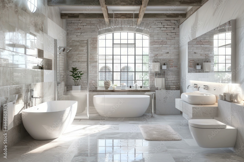 Spacious and elegant bathroom design featuring a freestanding bathtub, large windows, and brick wall accents Spacious and elegant bathroom design featuring a freestanding bathtub, large windows, and brick wall accents