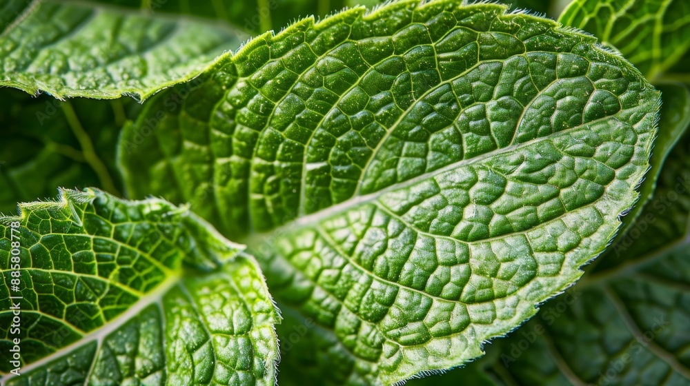 Detailed macro photograph capturing intricate green leaf veins pattern in close up view Detailed macro photograph capturing intricate green leaf veins pattern in close up view