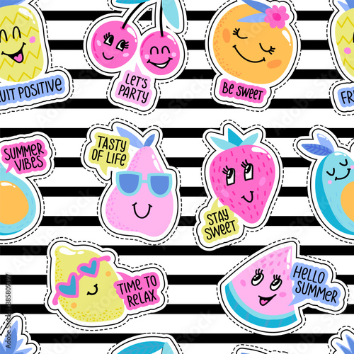 Fashion patch badges in cute style. Abstract seamless pattern with Colorful funny fruits with face, slogan word, on repeated stripes background.