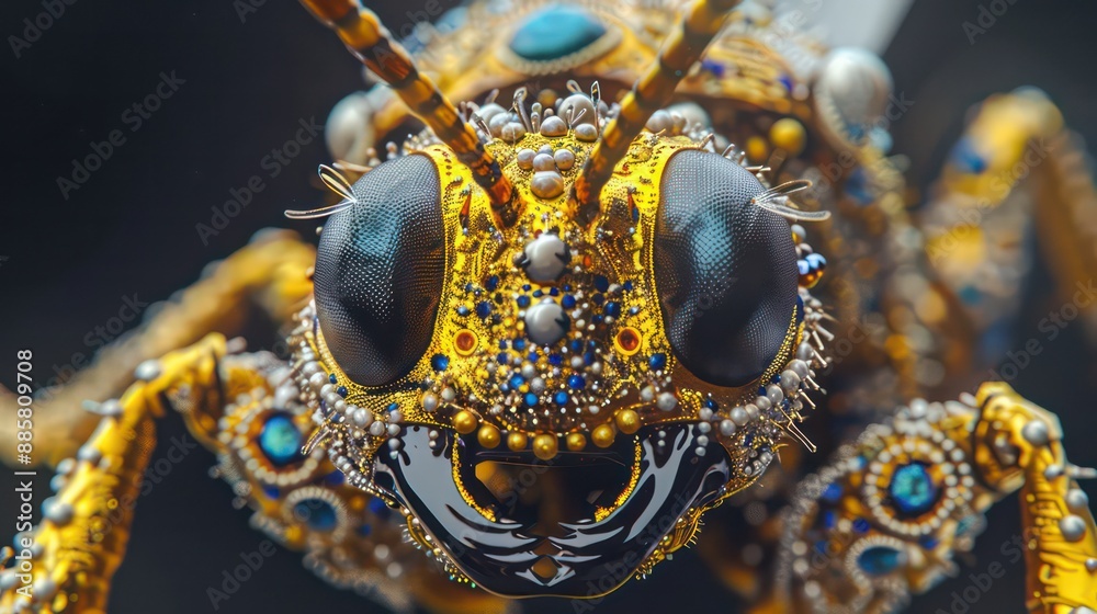 A close up of a bug with gold and blue beads on its face A close up of a bug with gold and blue beads on its face