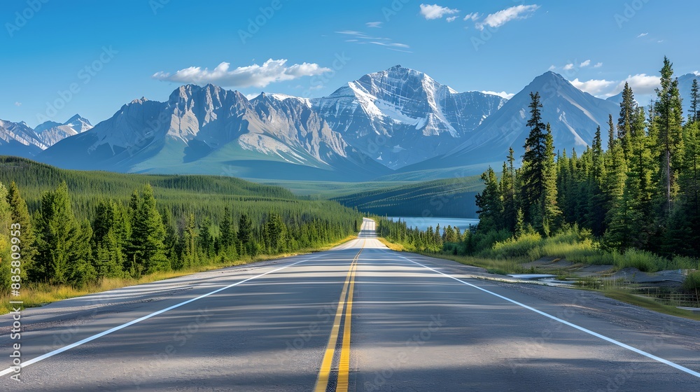 Scenic Highway Leading to Snow-Capped Mountains in Canada Scenic Highway Leading to Snow-Capped Mountains in Canada