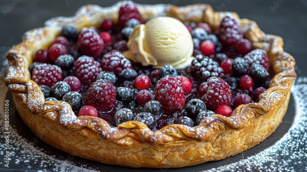 Elegant mixed berry tart with a golden crust, topped with vanilla ice cream and dusted with powdered sugar, served on a dark plate Elegant mixed berry tart with a golden crust, topped with vanilla ice cream and dusted with powdered sugar, served on a dark plate