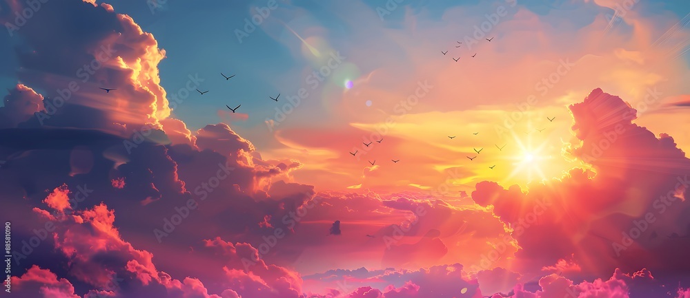 Golden Sunset Sky With Birds Flying