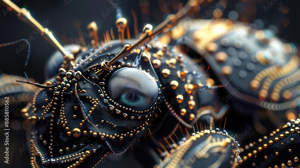 A close up of a bug with gold and silver decorations on its face A close up of a bug with gold and silver decorations on its face
