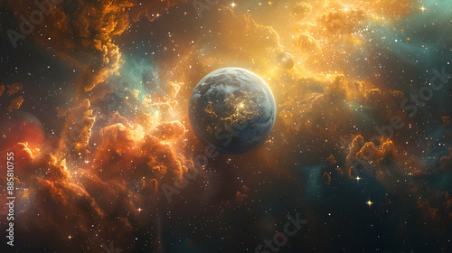  A solar planet surrounded by colorful cosmic dust and twinkling stars