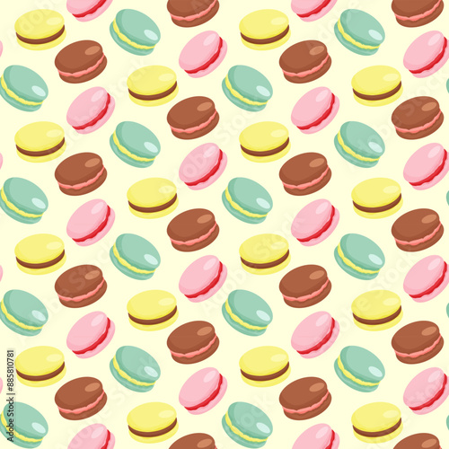 Pattern with macarons. Sweet pastries with different flavors. Modern design for packaging, holidays and textiles. Vector illustration