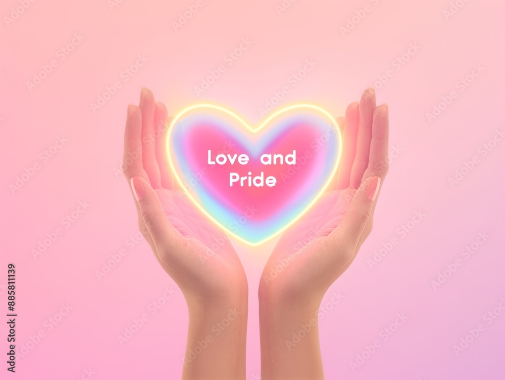 Hands Cradling Neon Heart with Love and Pride Text, Gradient Pink Background, LGBTQ+ Theme, Soft Glow, Concept of Inclusivity and Acceptance Hands Cradling Neon Heart with Love and Pride Text, Gradient Pink Background, LGBTQ+ Theme, Soft Glow, Concept of Inclusivity and Acceptance