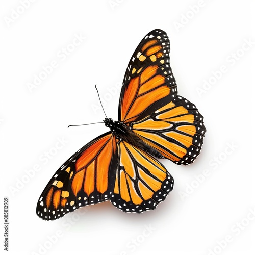 A vibrant orange and black monarch butterfly with intricate wing patterns and delicate wings, isolated white background, surrealism art style © Blevins
