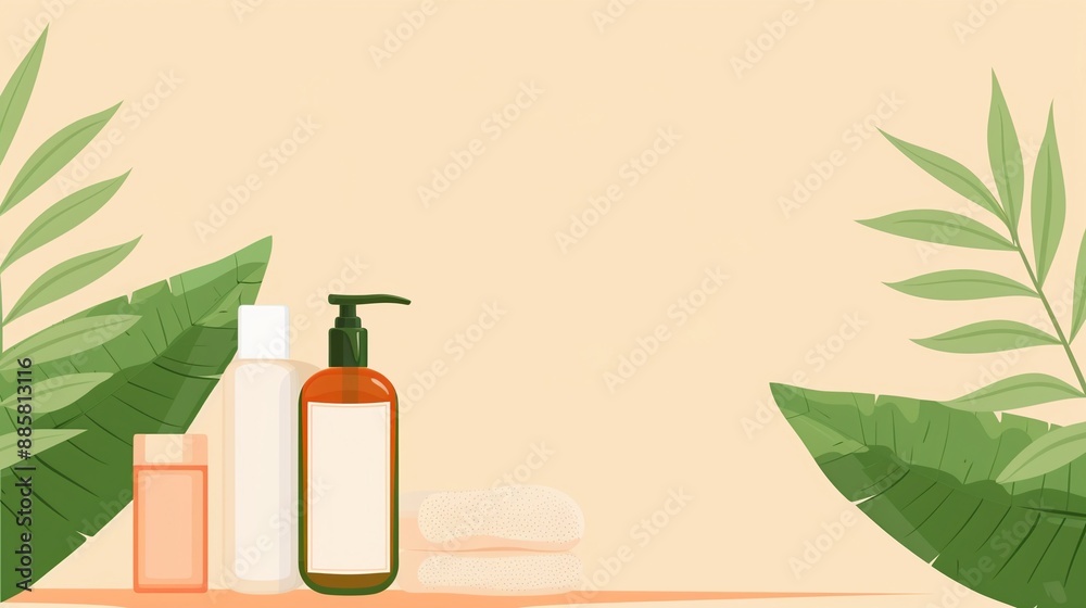 Raw and pure natural skincare products, set against a backdrop of green foliage and earthy tones, emphasizing the beauty of unprocessed ingredients, flat design illustration Raw and pure natural skincare products, set against a backdrop of green foliage and earthy tones, emphasizing the beauty of unprocessed ingredients, flat design illustration