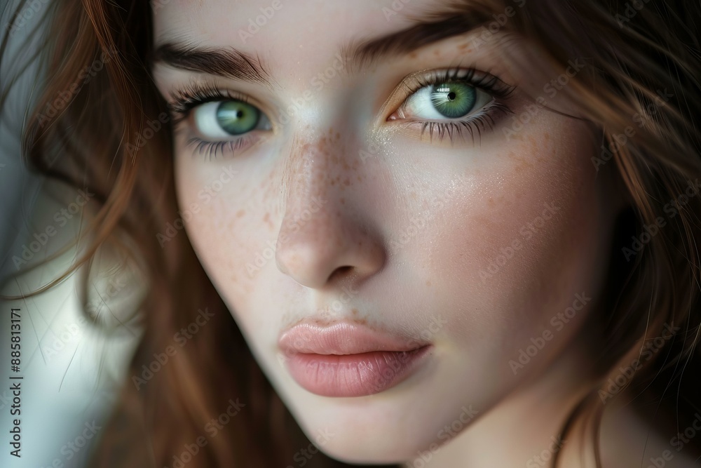 Portrait of a beautiful young caucasian woman with clear skin, freckles, green eyes and auburn hair Portrait of a beautiful young caucasian woman with clear skin, freckles, green eyes and auburn hair