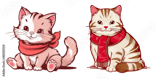 Cat with a cozy red scarf around its neck illustration, Generative Ai