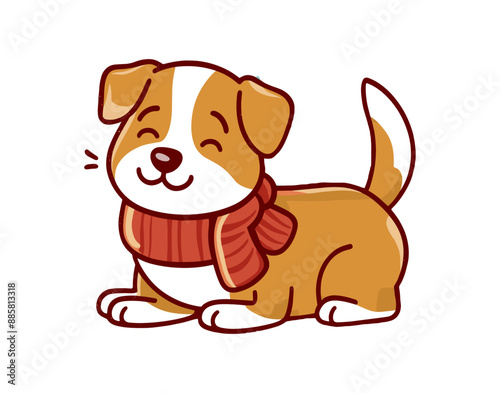 Cute dog with a cozy red scarf around its neck illustration, Generative Ai