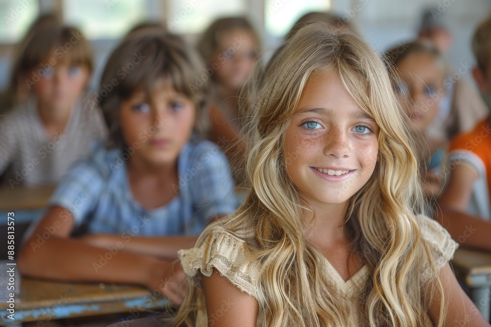 Obraz premium Back to school, students are happy to be back at school, a girl is sitting at their desks in class. Generative AI