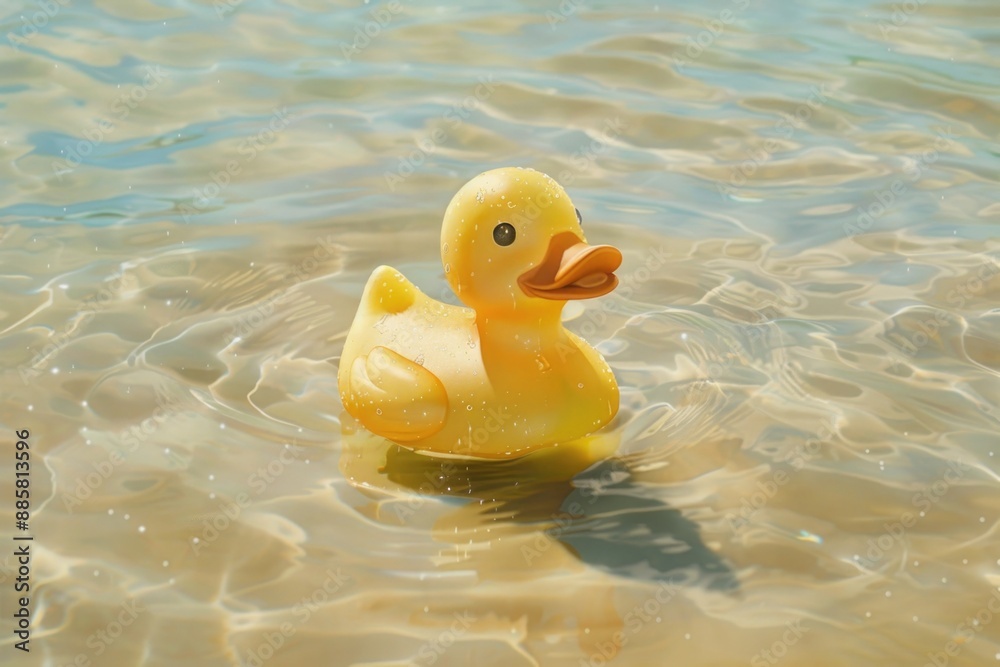 A bright yellow rubber duck floats peacefully in calm water A bright yellow rubber duck floats peacefully in calm water