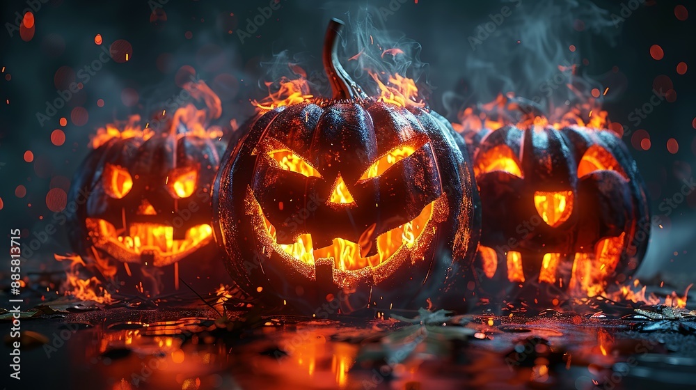Spooky Halloween Banner: Glowing Fire Text and Sinister Pumpkins Spooky Halloween Banner: Glowing Fire Text and Sinister Pumpkins
