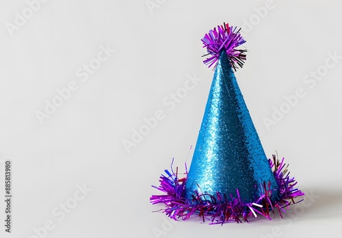 Blue Birthday Party Hat with Purple Tinsel