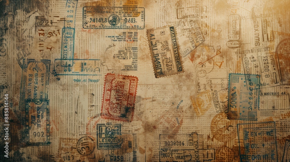 Fototapeta premium old page with many passport stamps