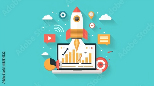 Utilization of digital marketing strategies by a startup, demonstrating practical application and successful implementation in a competitive market, flat design illustration photo