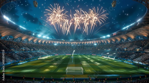 Electric Atmosphere Soccer Stadium Alive with Cheers and Fireworks Perfect for Sports and Celebration Themes