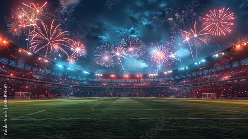 Electric Atmosphere Soccer Stadium Alive with Cheers and Fireworks Perfect for Sports and Celebration Themes photo