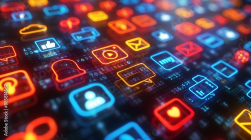 Neon Social Media Explosion Vibrant Icons Bursting from Screen Digital Marketing Concept