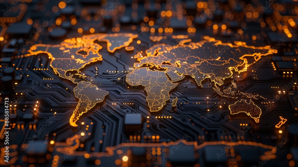 Obraz premium Global Connectivity World Map Fusion with Circuit Board Technology HighRes Digital Infrastructure Concept on Canon EOS R5
