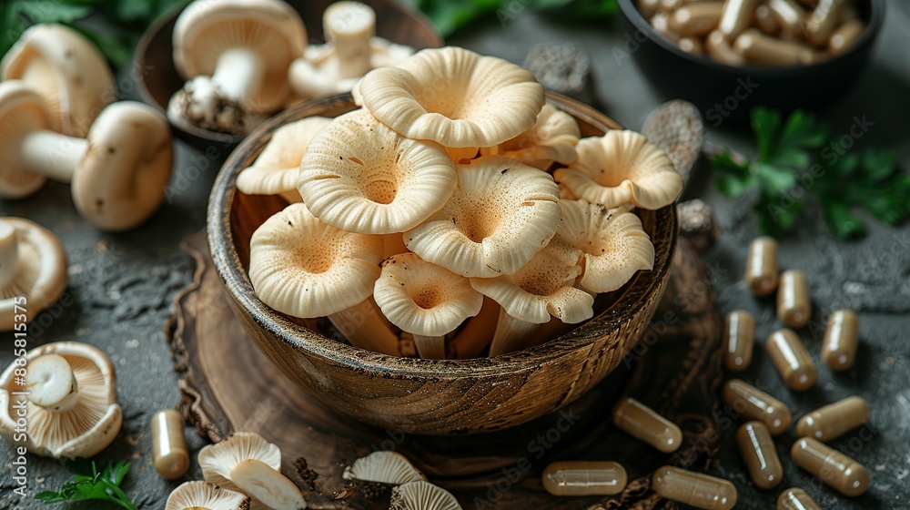 Overhead View of Lion's Mane Fungus and Dietary Supplements Overhead View of Lion's Mane Fungus and Dietary Supplements