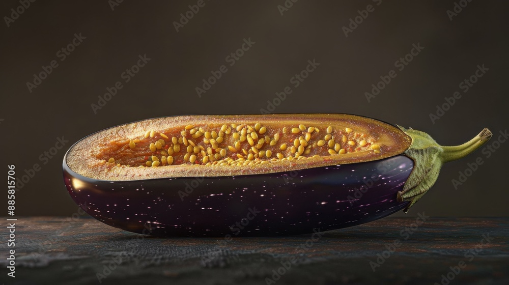 Eggplant cut in half with the inside resembling a starry night sky. AI. Eggplant cut in half with the inside resembling a starry night sky. AI.