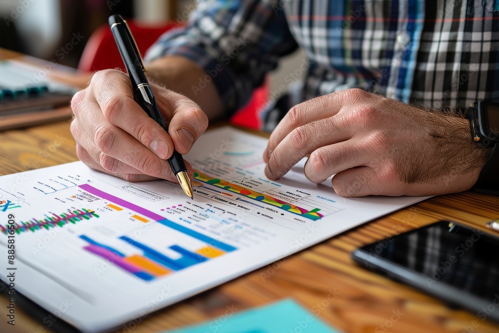 Person Analyzing Colorful Charts With Pen and Smartphone at Desk Person Analyzing Colorful Charts With Pen and Smartphone at Desk
