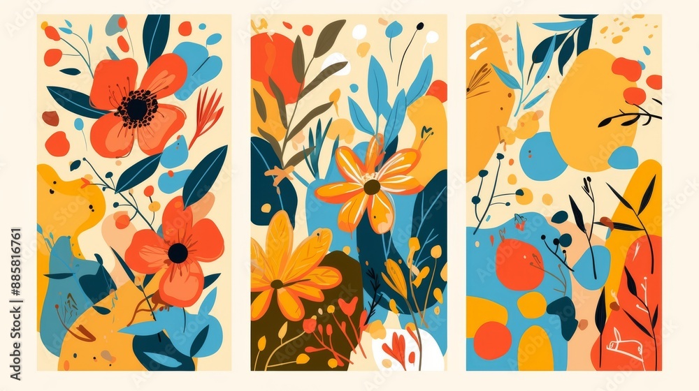 Abstract Flower Market Posters: Trendy Botanical Wall Art in Bright Colors. Abstract Flower Market Posters: Trendy Botanical Wall Art in Bright Colors.