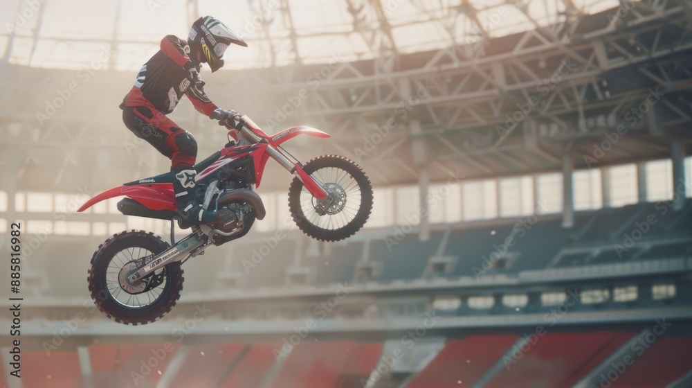 Naklejka premium Motocross Rider in Mid-Air During Stadium Competition