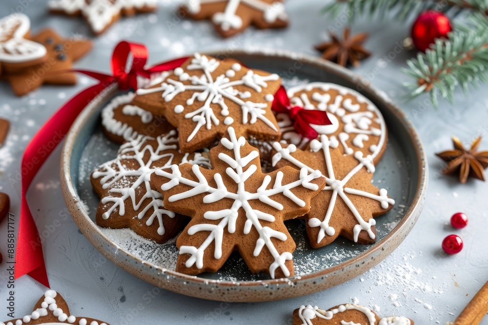 Assorted gingerbread cookies on plate with red ribbon accent minimalist composition Assorted gingerbread cookies on plate with red ribbon accent minimalist composition