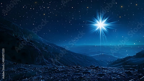 Bright Star Over Night Sky Mountains Christmas photo