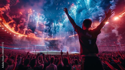 Electric Atmosphere Soccer Fans Celebrate Amidst Fireworks in Packed Stadium Perfect for Sports Events Celebrations and Community Gatherings Captured with Canon EOS R5