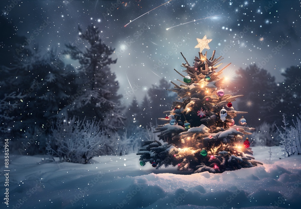 Snowy Forest Christmas Tree Night Scene Snowy Forest Christmas Tree Night Scene