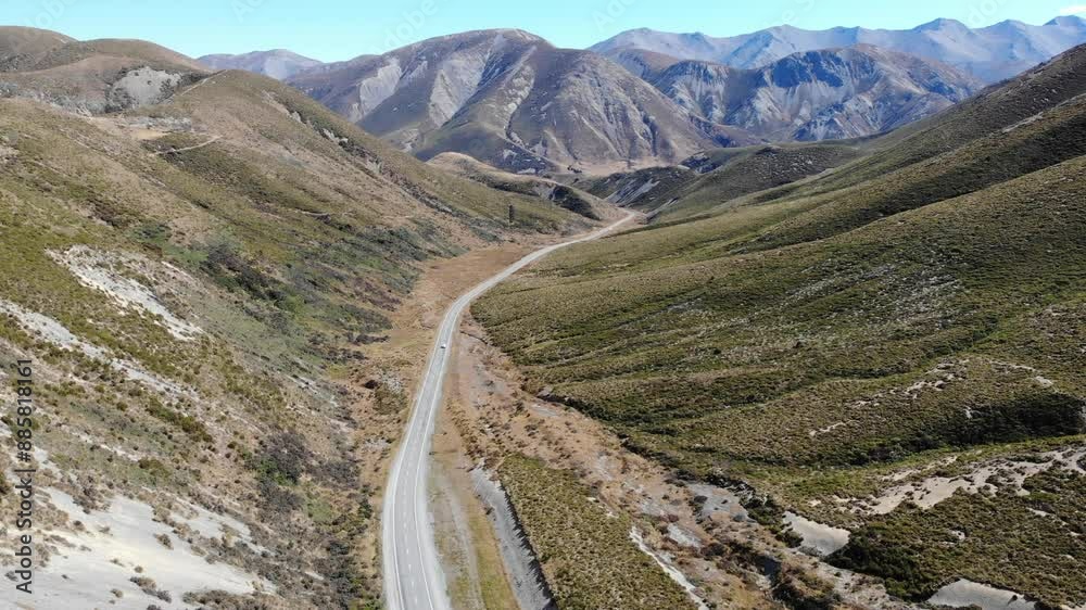 aerial panorama of porters pass in canterbury, new zealand south island; state highway 73 connecting westland with Christchurch; mountain pass in Southern Alps