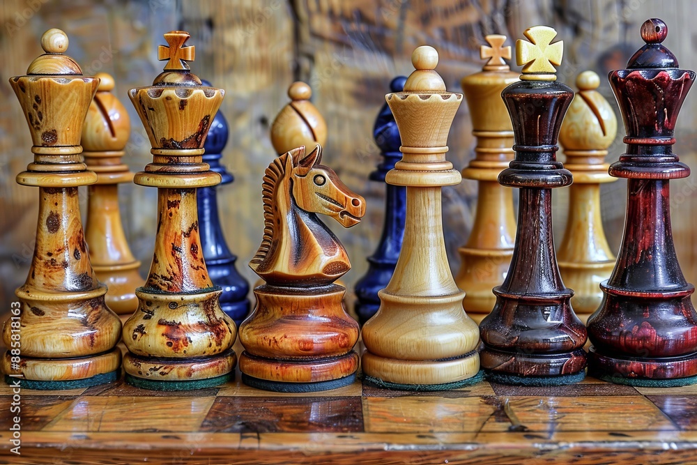 A Row of Intricately Carved Chess Pieces on a Wooden Board A Row of Intricately Carved Chess Pieces on a Wooden Board