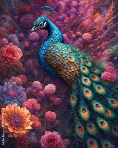 Vibrant digital illustration of a peacock with its feathers fanned out, surrounded by colorful, abstract floral patterns, Generative AI.