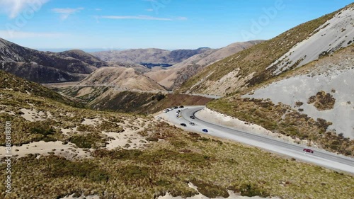 aerial panorama of porters pass in canterbury, new zealand south island; state highway 73 connecting westland with Christchurch; mountain pass in Southern Alps photo