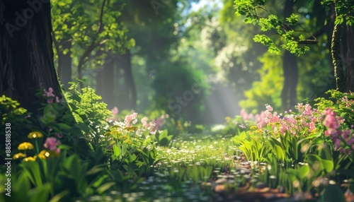 Natural dorest of woods with sunbeams through fog and leaves branch create mystic atmosphere. natural green beech forest in the morning light. busy forest with wood tree photo