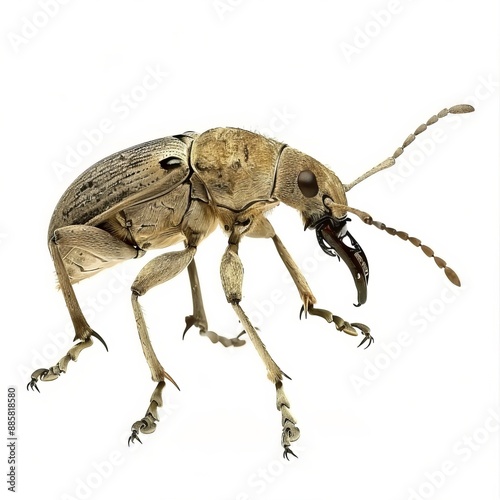 A weevil with long snout and agricultural impact, isolated white background, expressionist art style