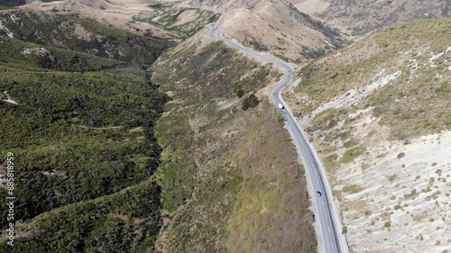 aerial panorama of porters pass in canterbury, new zealand south island; state highway 73 connecting westland with Christchurch; mountain pass in Southern Alps photo