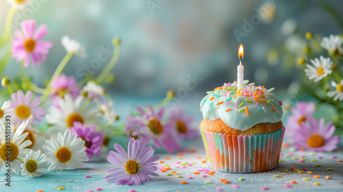 Festive cupcake with lit candle and pastel frosting, surrounded by flowers, festive scene with copy space