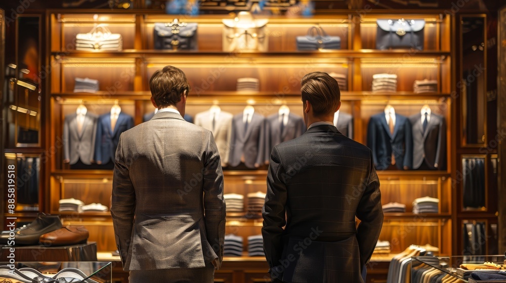 Fototapeta premium Suave Sophistication Men's Fashion Duo in Luxe Boutique Setting