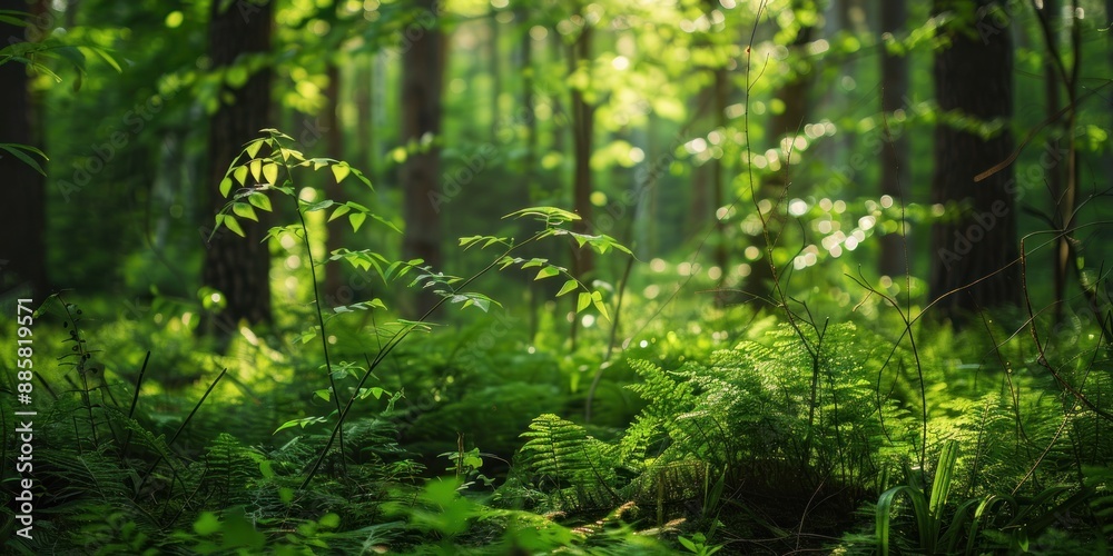 Natural dorest of woods with sunbeams through fog and leaves branch create mystic atmosphere. natural green beech forest in the morning light. busy forest with wood tree Natural dorest of woods with sunbeams through fog and leaves branch create mystic atmosphere. natural green beech forest in the morning light. busy forest with wood tree