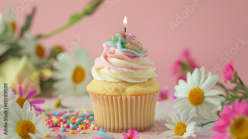 Festive cupcake with lit candle and pastel frosting, surrounded by flowers, festive scene with copy space