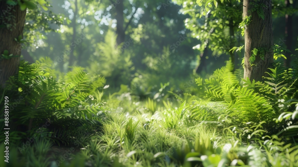 Natural dorest of woods with sunbeams through fog and leaves branch create mystic atmosphere. natural green beech forest in the morning light. busy forest with wood tree Natural dorest of woods with sunbeams through fog and leaves branch create mystic atmosphere. natural green beech forest in the morning light. busy forest with wood tree